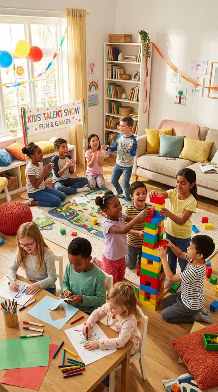 A group of children playing various games together indoors, smiling and having fun without adults present.