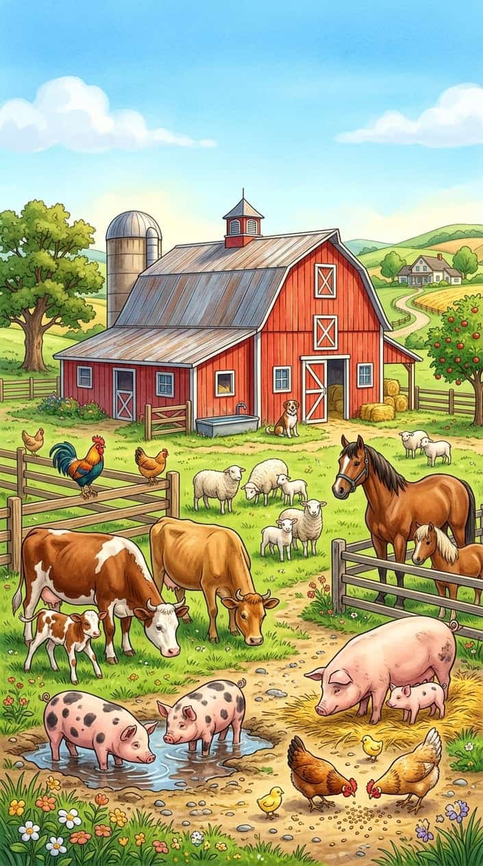 A colorful barnyard scene with cows, pigs, chickens, sheep, and horses near a red barn in a green pasture under a blue sky.