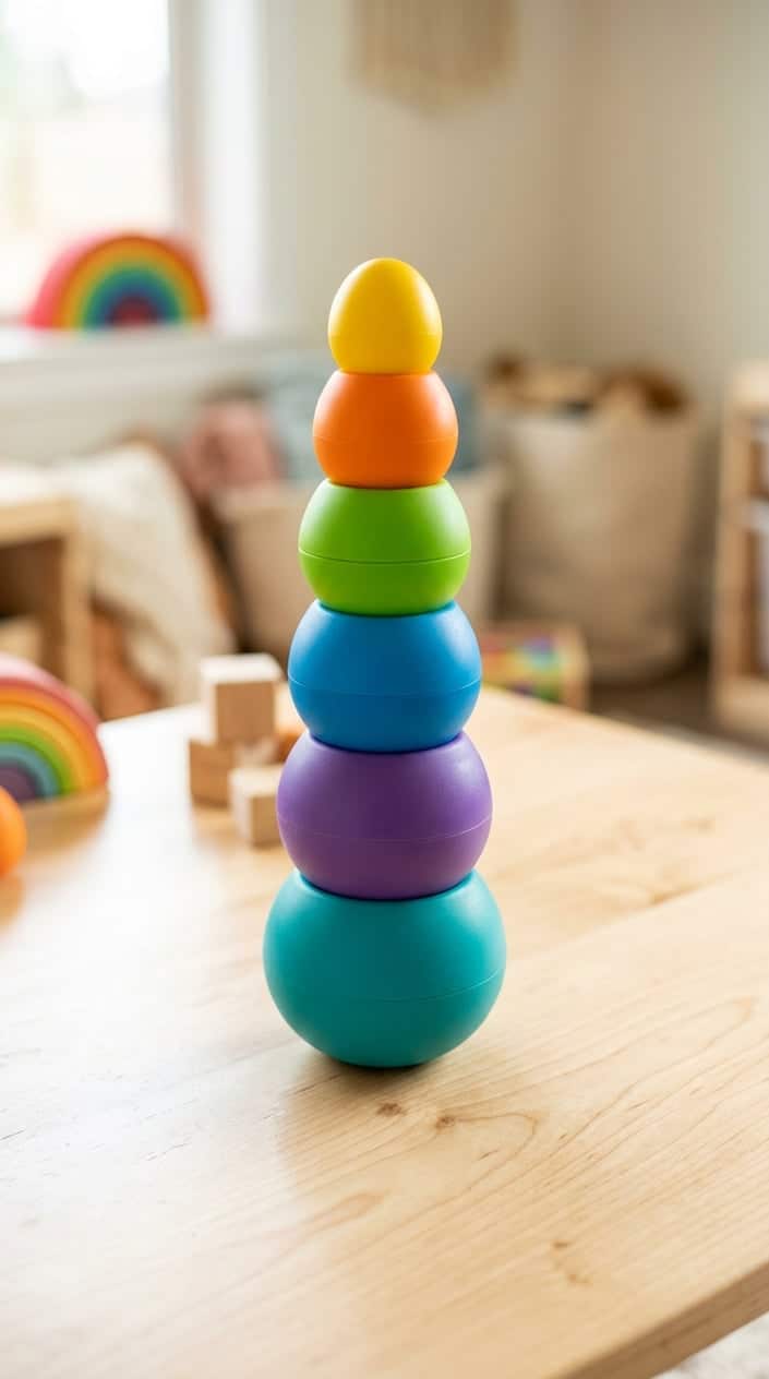 A colorful Fat Brain Toys Tobbles Neo stacking toy arranged on a wooden surface in a bright playroom.