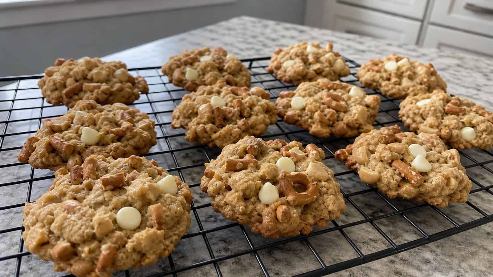 unusual homemade cookies on a cooling rack in a casual home kitchen