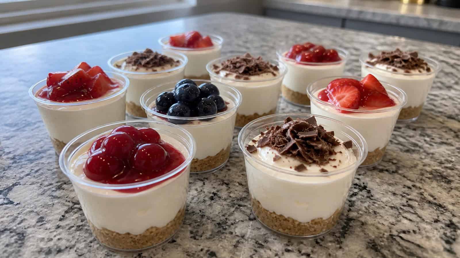 small cheesecake dessert cups with cream cheese filling on a kitchen counter
