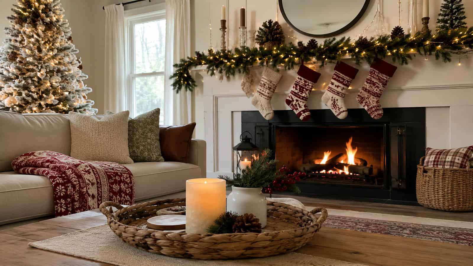 cozy Christmas living room with garland stockings and warm lights