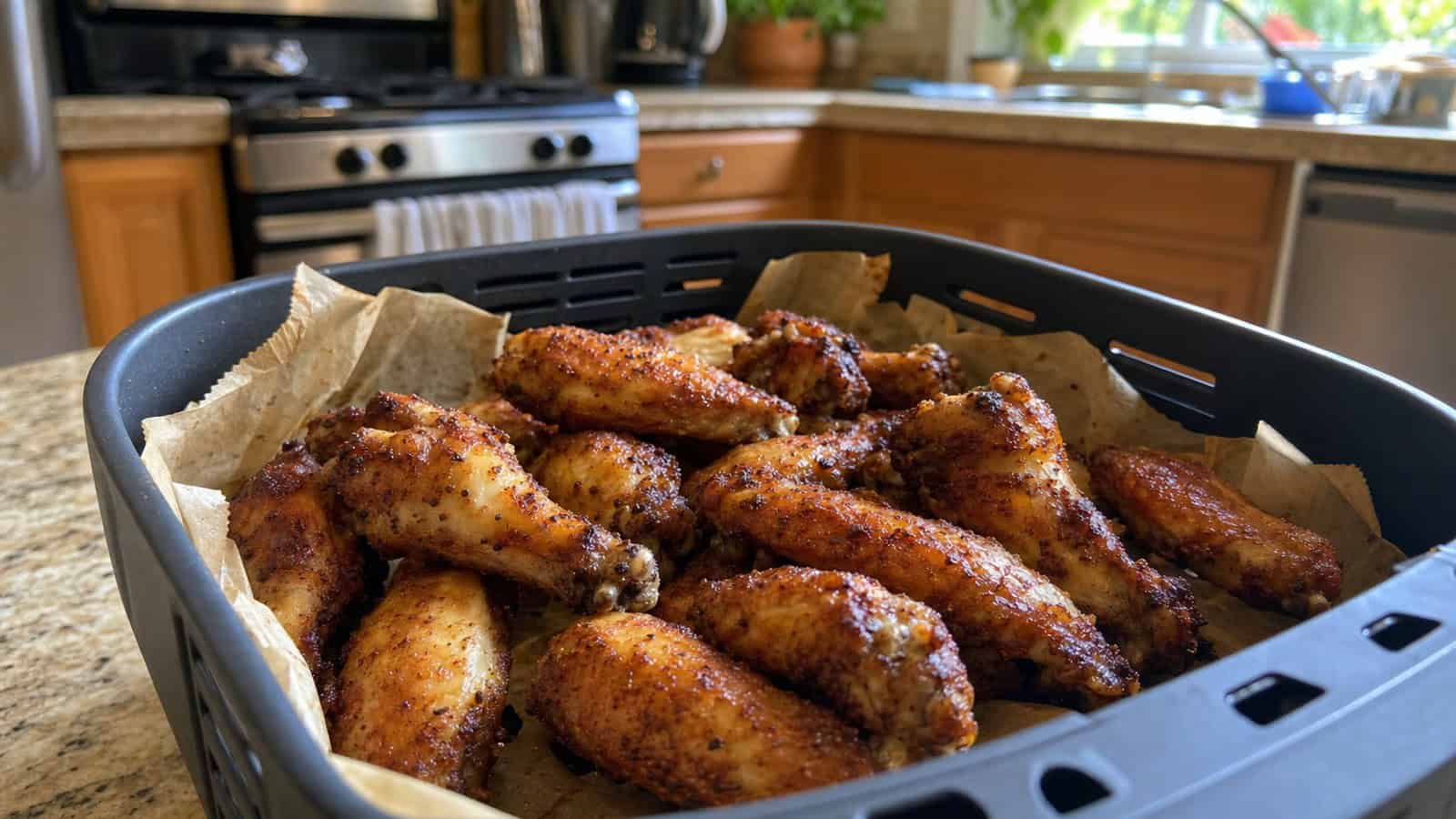 crispy air fryer chicken wings in a basket on a kitchen counter