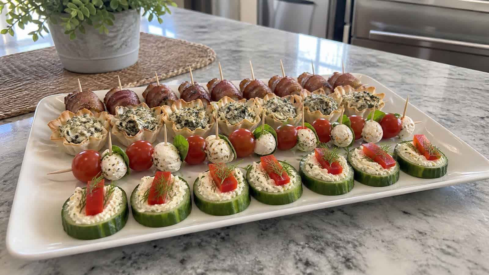 make-ahead appetizers arranged on a simple serving tray on a kitchen island