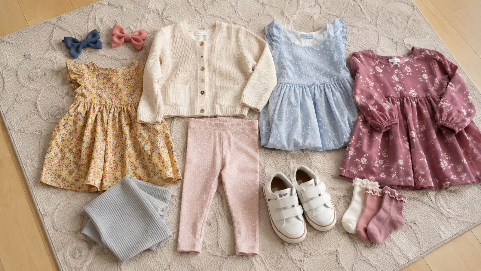 comfortable little girl outfits laid out with sneakers and hair bows
