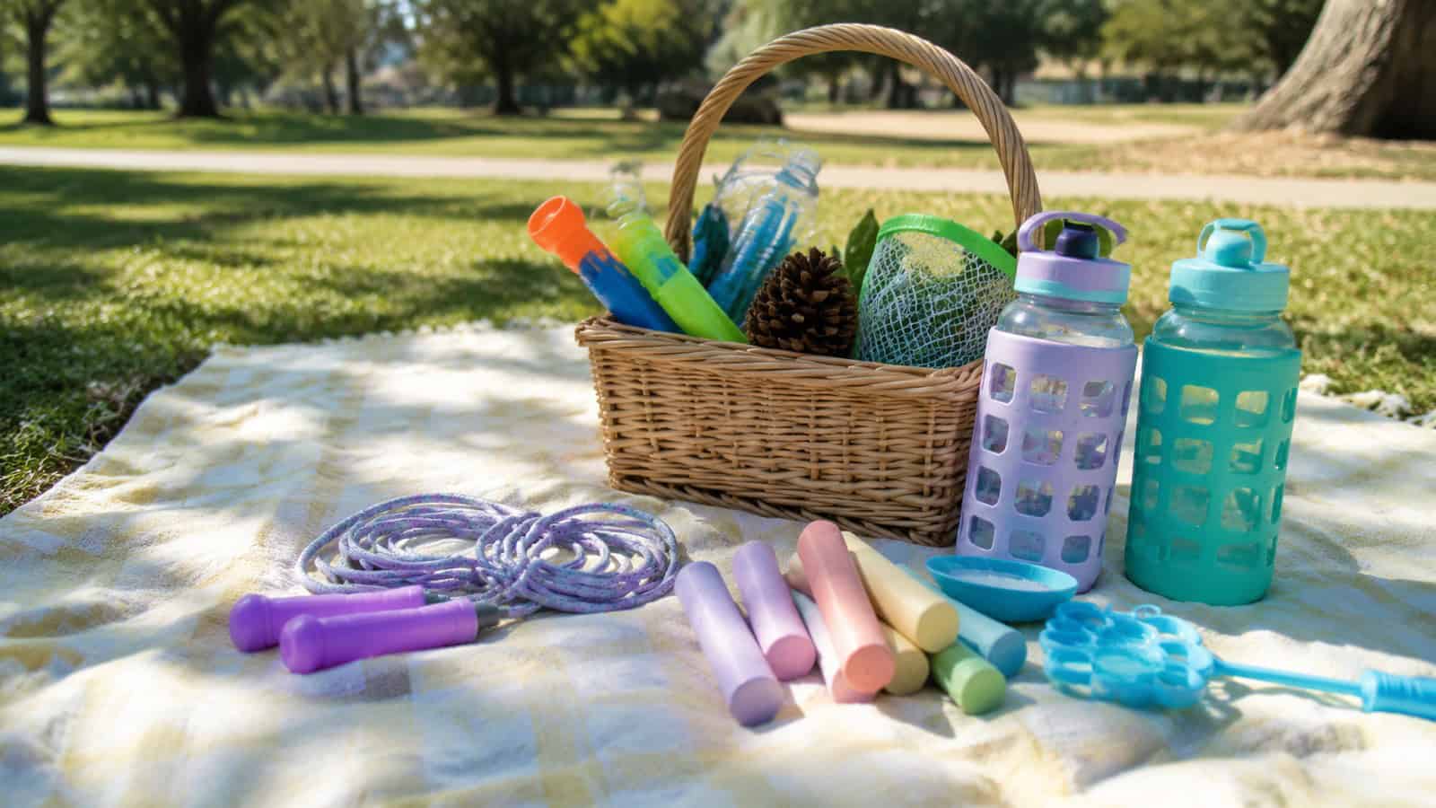 kids outdoor activity supplies on a sunny picnic blanket