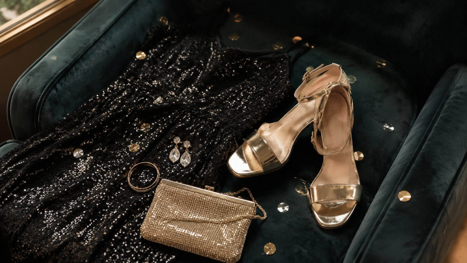 New Year's Eve outfit with sparkly dress metallic heels and clutch