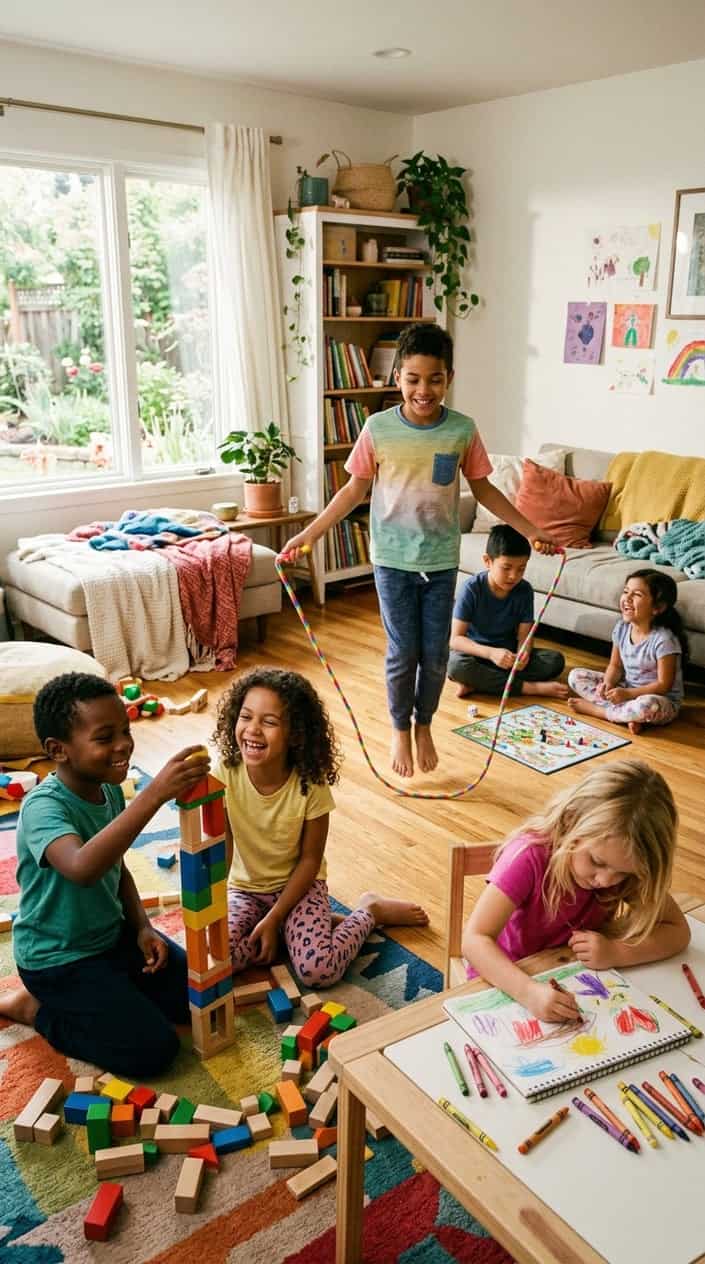 A group of children playing different games together inside a bright living room on a weekday morning.