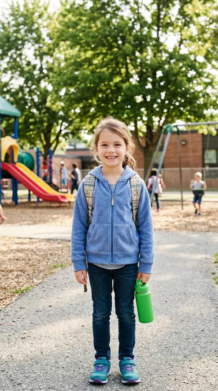 15 Basic School Outfit Pieces Every Elementary Schooler Secretly Needs 8 A young child wearing a fleece zip-up hoodie standing outside near a school playground on a sunny day.