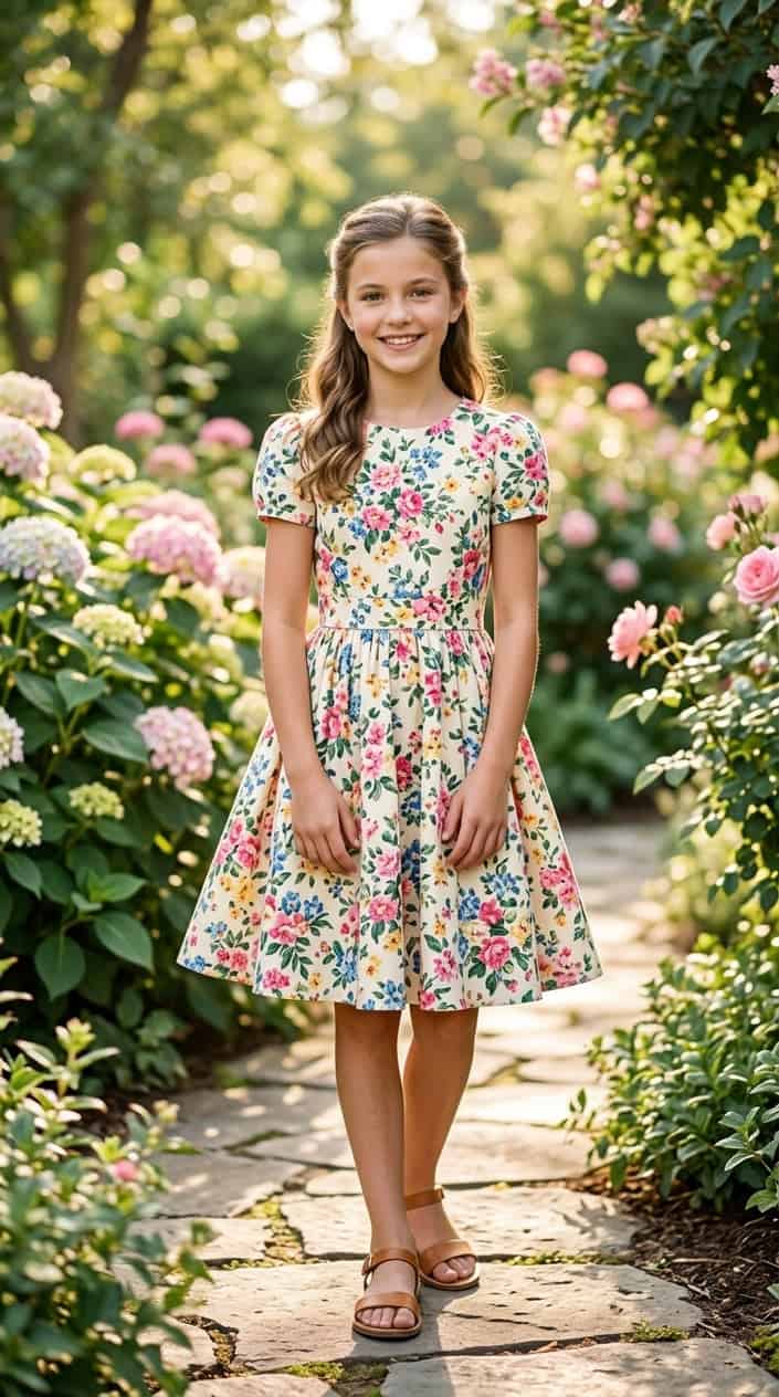 Modest Summer Dresses for Tweens 7 A young girl wearing a floral dress standing outdoors in a garden with greenery in the background.