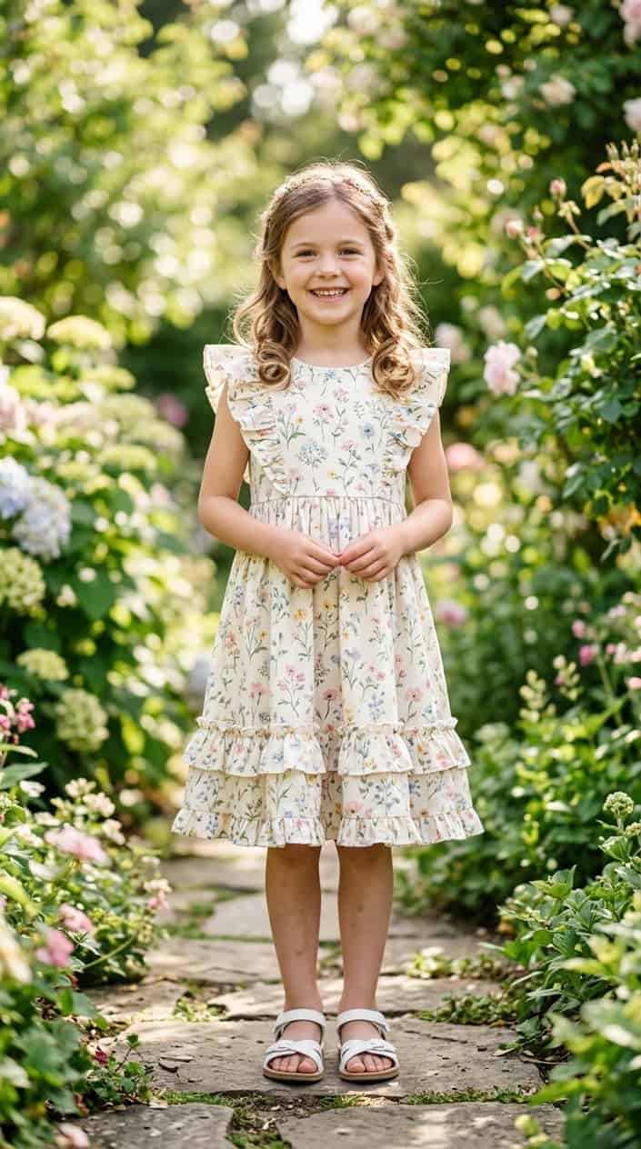 Boutique-Style Dresses for Little Girls on a Budget 7 A young girl standing outdoors wearing a floral dress with ruffles, smiling gently with greenery in the background.