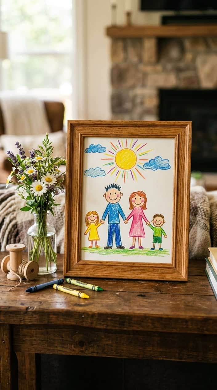 A framed crayon drawing of a family displayed on a wooden surface with soft natural lighting and a vase of flowers nearby.