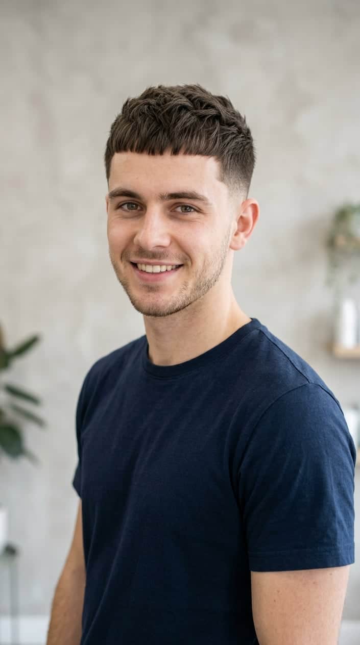 Young man with a short haircut and fringe looking confidently at the camera against a plain background.