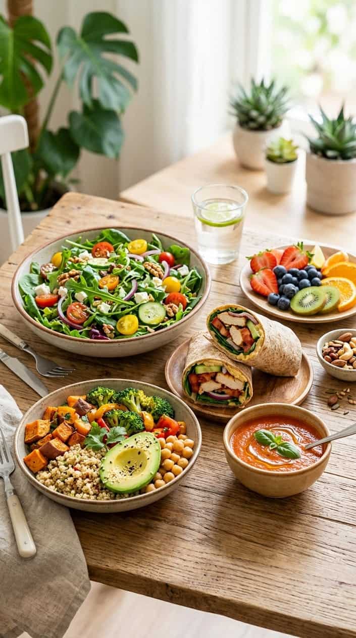 A wooden table set with several of the lunches from the article — a wrap cut in half, a grain bowl with colorful toppings, a small cup of soup, and a section of fresh fruit — arranged casually without perfect symmetry.
