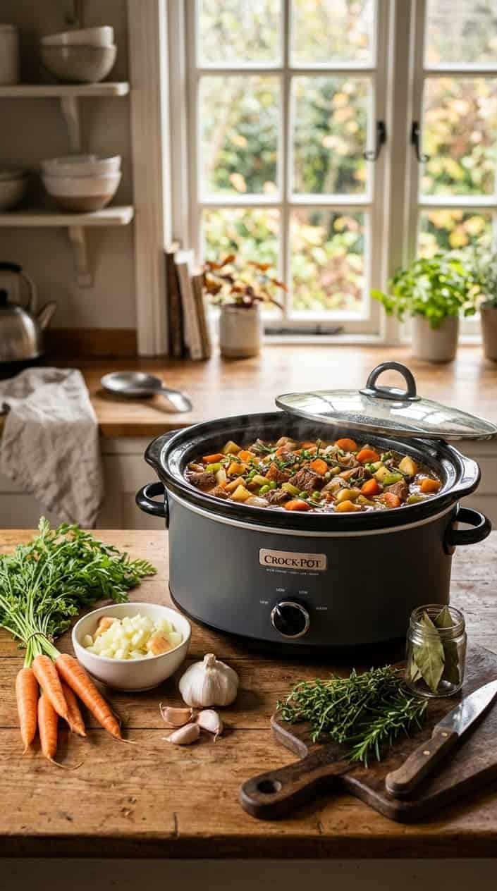 A slow cooker on a kitchen countertop filled with stew, surrounded by fresh vegetables and herbs in a warmly lit kitchen.