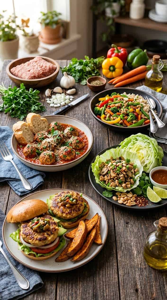 A variety of cooked ground chicken dishes and fresh ingredients arranged on a wooden table.