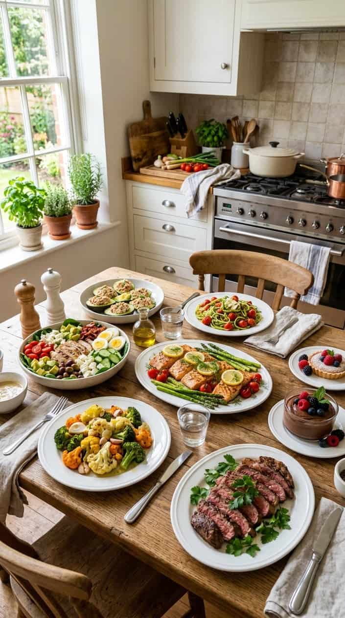 13 Keto Recipes I Actually Wanted Again the Next Week 15 A kitchen table with a variety of colorful keto-friendly dishes including salads, grilled meats, vegetables, and desserts, set in a bright kitchen with natural sunlight.