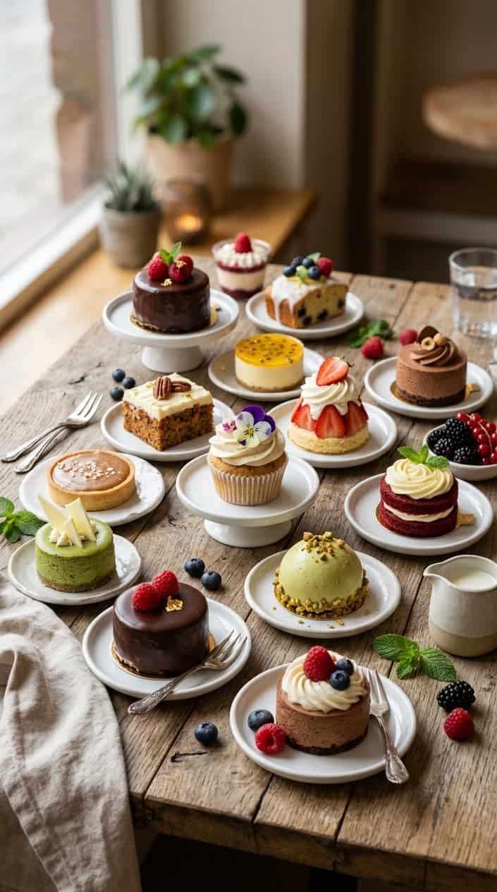 An overhead view of a spread of fifteen different mini cakes on a large wooden surface, surrounded by small clusters of fresh berries and dessert forks with white handles.