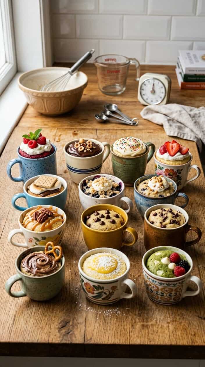 Eleven mug cakes in mismatched colorful ceramic mugs lined up on a wide wood kitchen counter, with a blurred background showing baking tools, a wooden spoon, and a small sifter.