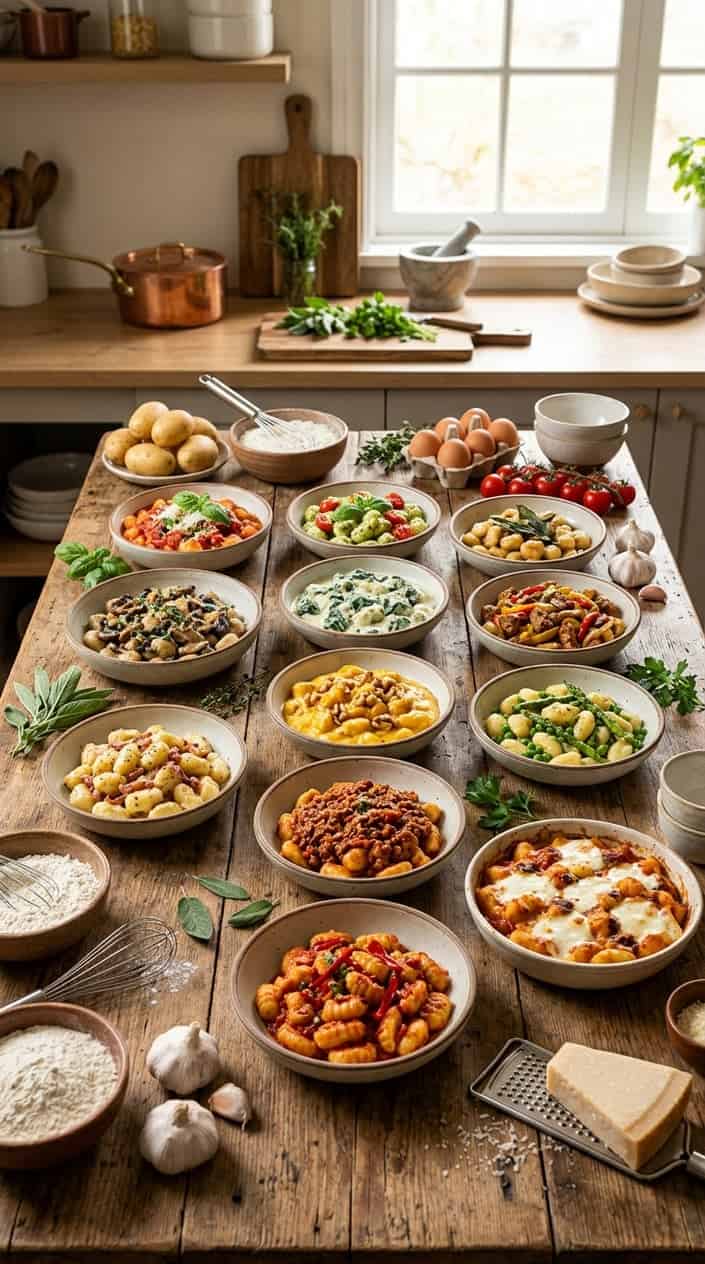 12 Easy Gnocchi Recipes 38 An overhead kitchen table arrangement showing twelve small gnocchi portions in varied sauces — cream, tomato, pesto, brown butter — each in a different small bowl or plate surrounded by raw ingredients like sage, lemon halves, and loose Parmesan.
