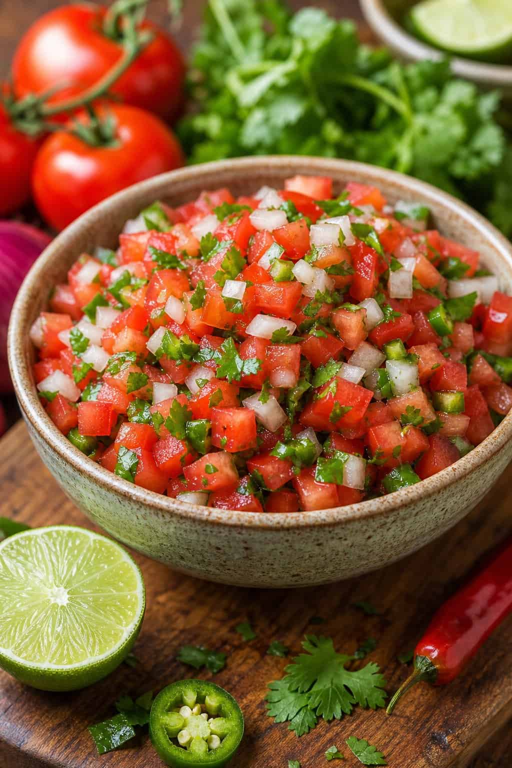 Close-up of a bowl of fresh pico de gallo salsa with tomatoes, onions, cilantro, and jalapeños on a wooden table surrounded by fresh ingredients.