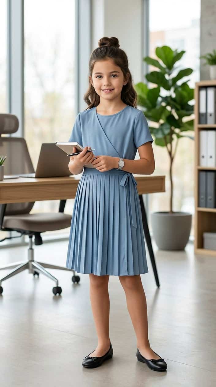 A young girl standing in an office wearing a pleated dress, looking confident and poised.