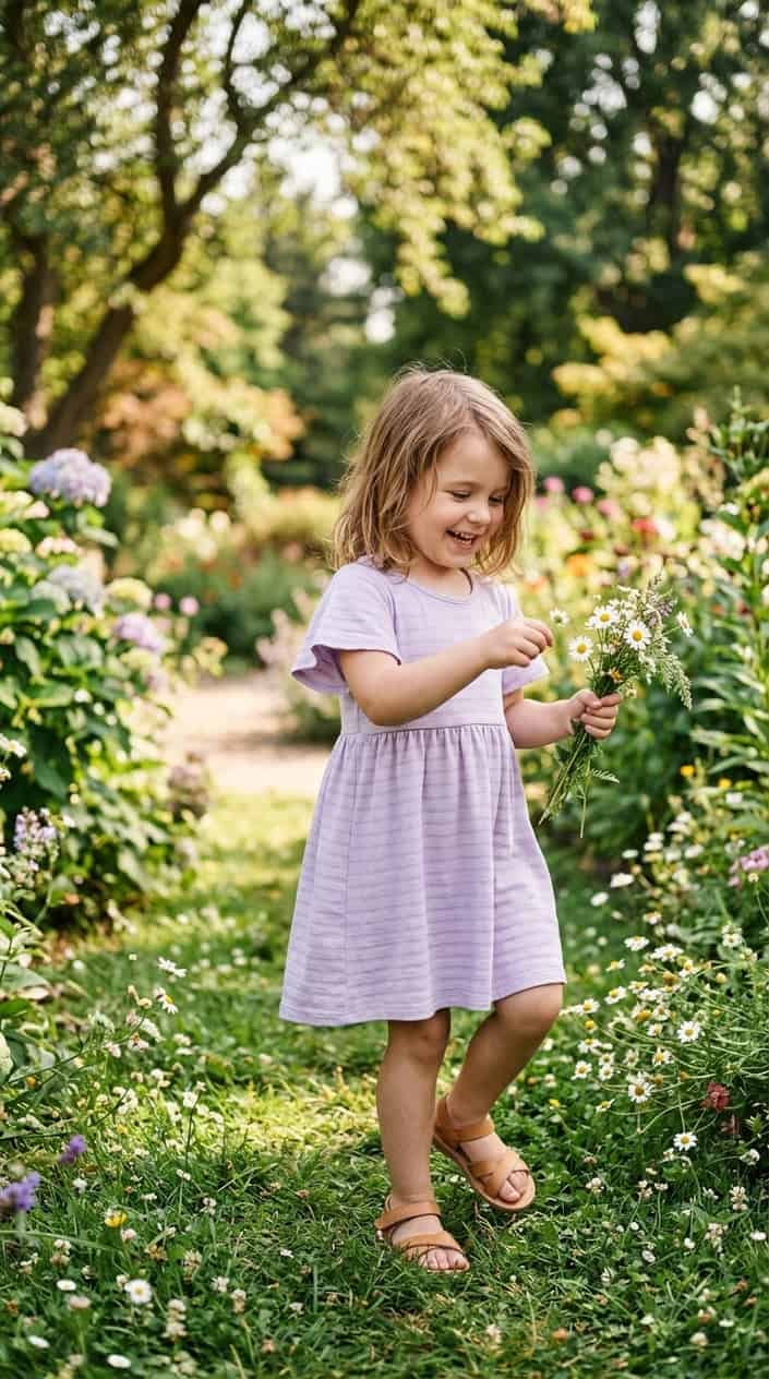 Comfortable Children's Dresses That Still Look Nice 12 A young child wearing a soft pastel dress playing outdoors in a sunlit garden.