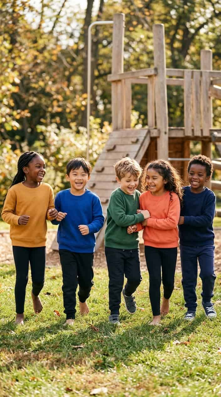 Durable Kids' Clothes for Everyday Wear 7 A group of children wearing colorful crewneck sweatshirts playing and smiling outdoors in a park.