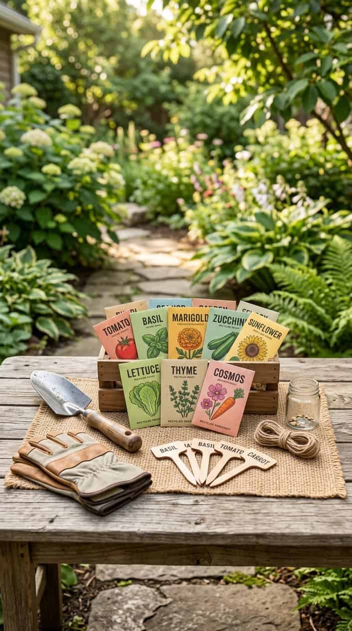 21 Father's Day Gift Ideas From Kids Who Don't Have a Lot of Money (or Much Notice) 16 A garden starter kit with labeled seed packets, gardening tools, and plant markers arranged on a wooden table with green plants in the background.