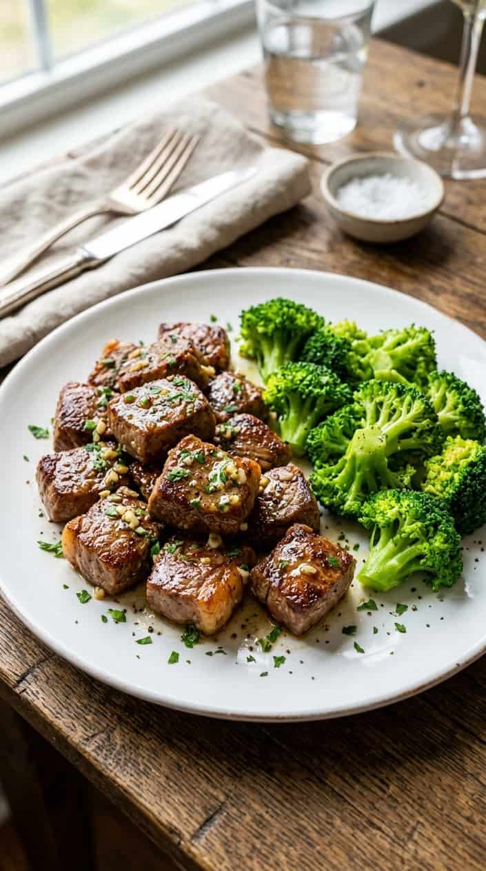 13 Keto Recipes I Actually Wanted Again the Next Week 5 A plate of garlic butter steak bites served with steamed broccoli on a wooden table.
