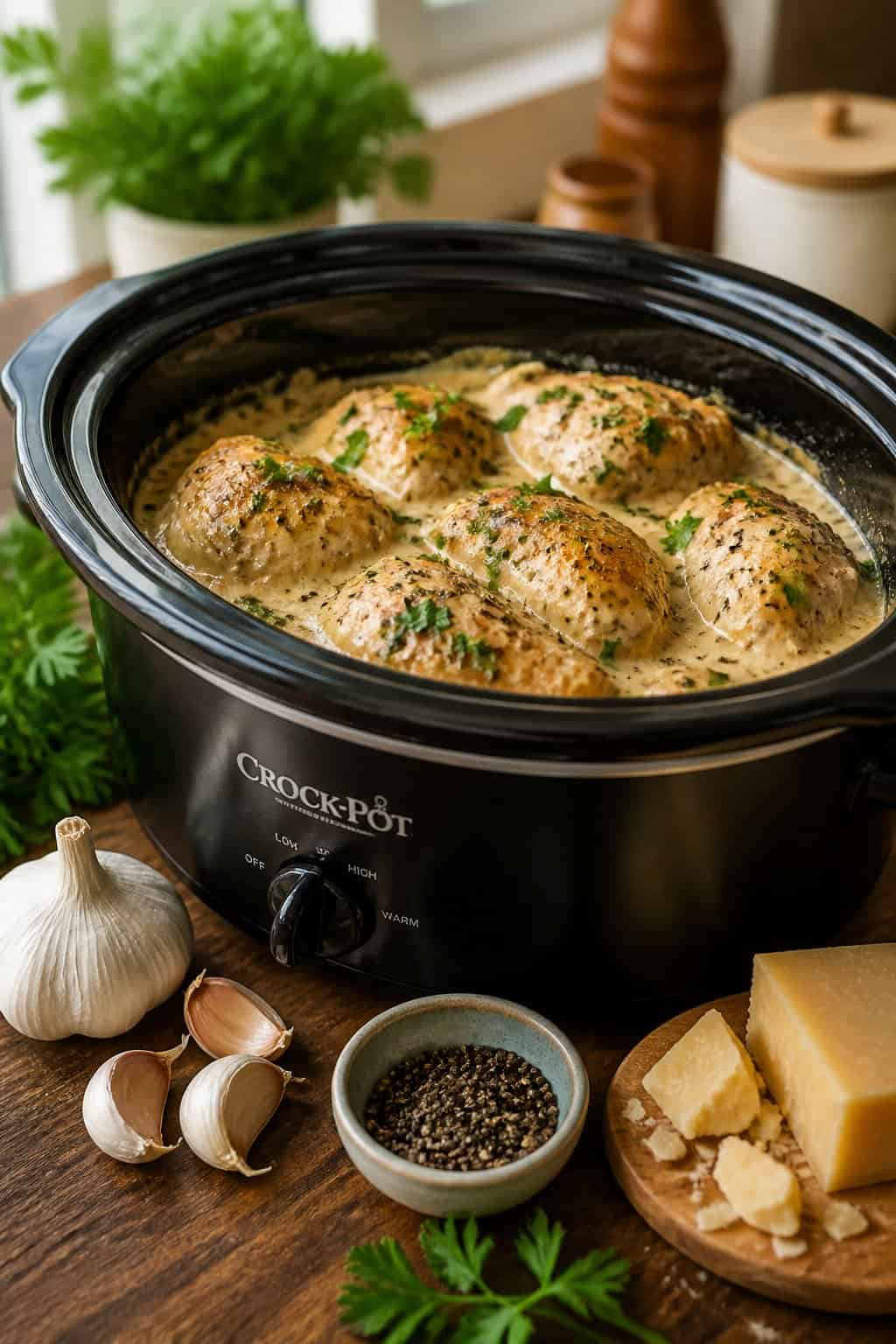 A crockpot filled with garlic parmesan chicken surrounded by fresh garlic, parsley, and parmesan cheese on a kitchen countertop.