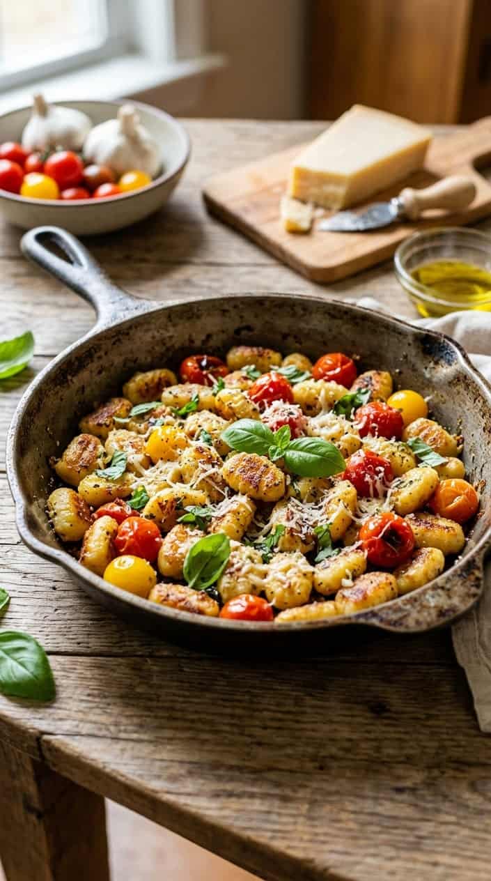 A cast iron skillet packed with golden-brown pan-fried gnocchi, halved blistered cherry tomatoes in shades of red and yellow, torn basil leaves, and a snowfall of grated Parmesan.