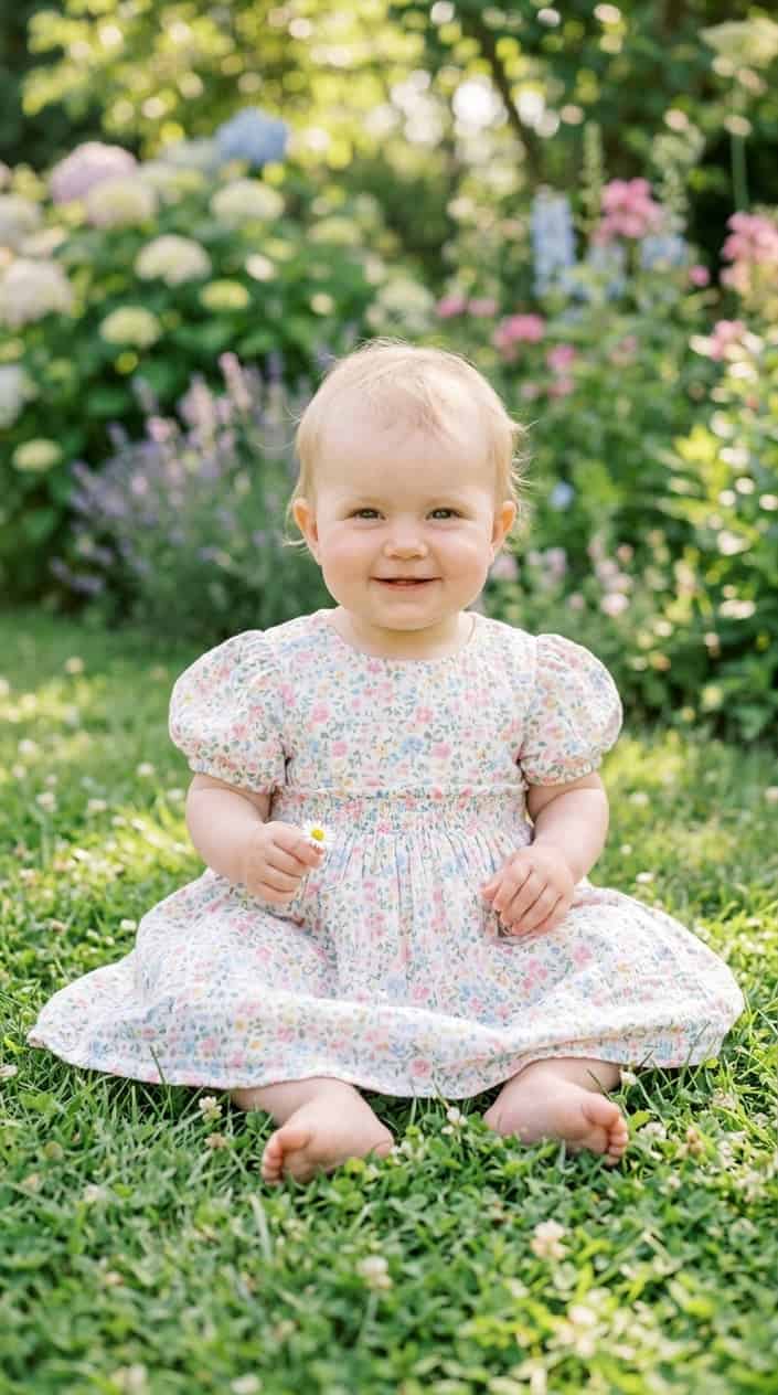 17 Baby Dress Designs for Summer That Are Actually Soft Enough to Wear 4 A baby sitting on grass wearing a pastel floral dress, smiling outdoors surrounded by flowers.