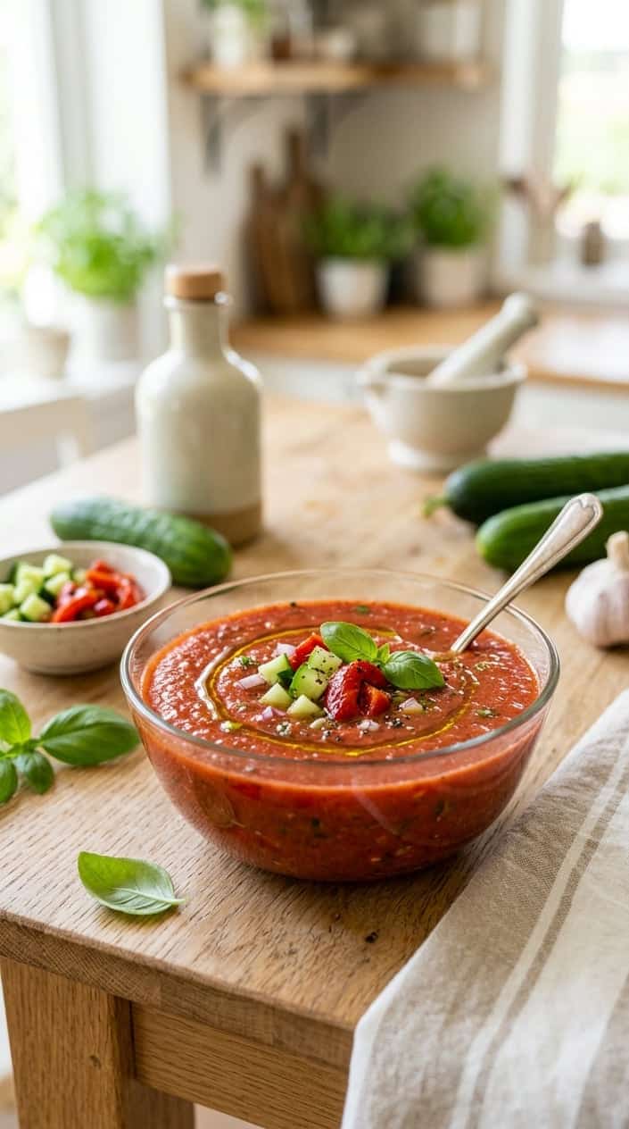 A bowl of gazpacho soup with roasted red pepper and cucumber on a wooden table surrounded by fresh vegetables.
