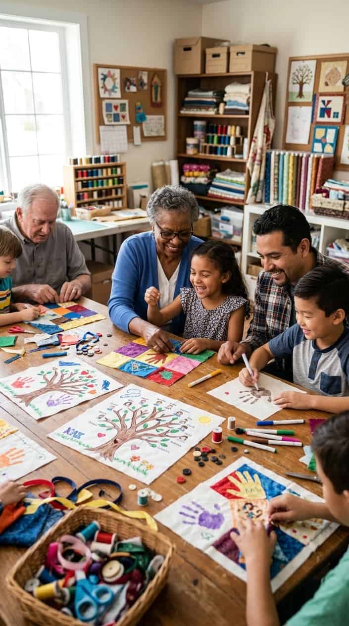 12 Family Tree Project Ideas for Kids That Actually Teach Them Something About Family 12 Children and adults working together on colorful fabric quilt squares decorated with family tree designs around a bright craft room table.