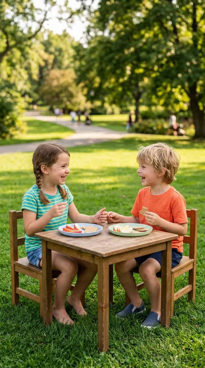 Two children sitting at a small table outdoors, sharing snacks and playing together without adults nearby.