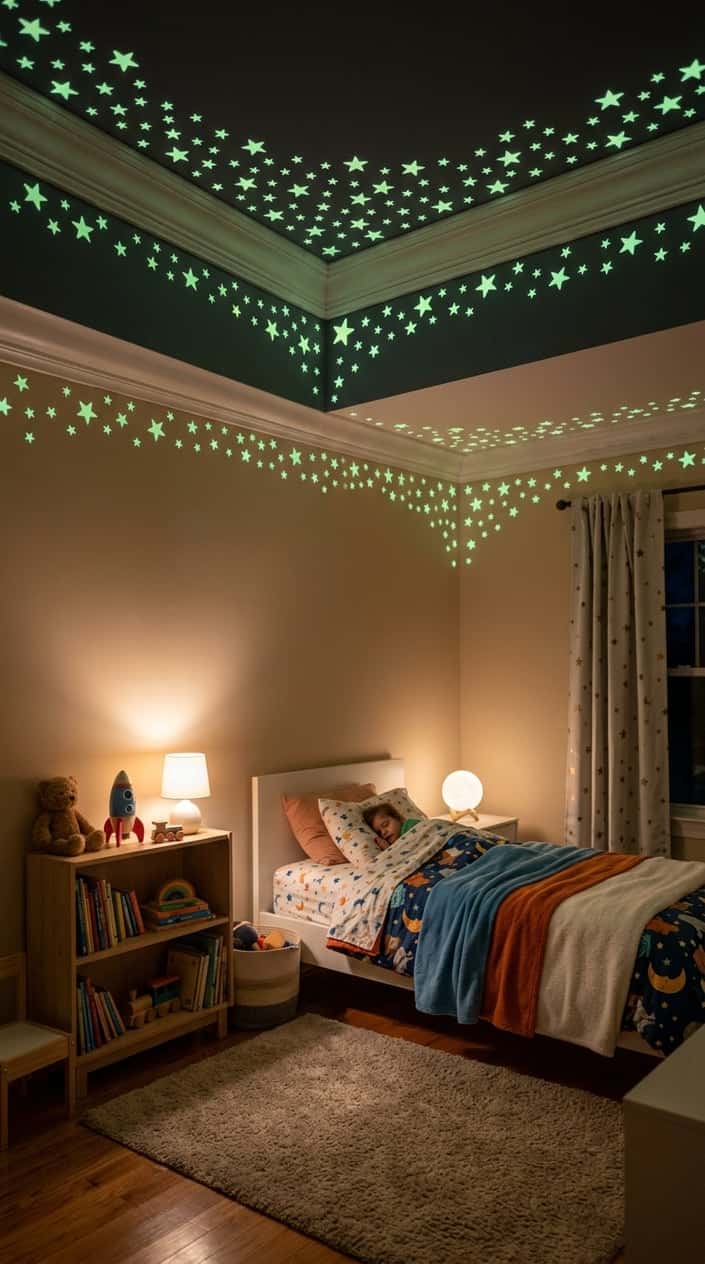 Children's bedroom at night with glow-in-the-dark star stickers along the ceiling edges softly lighting the room.