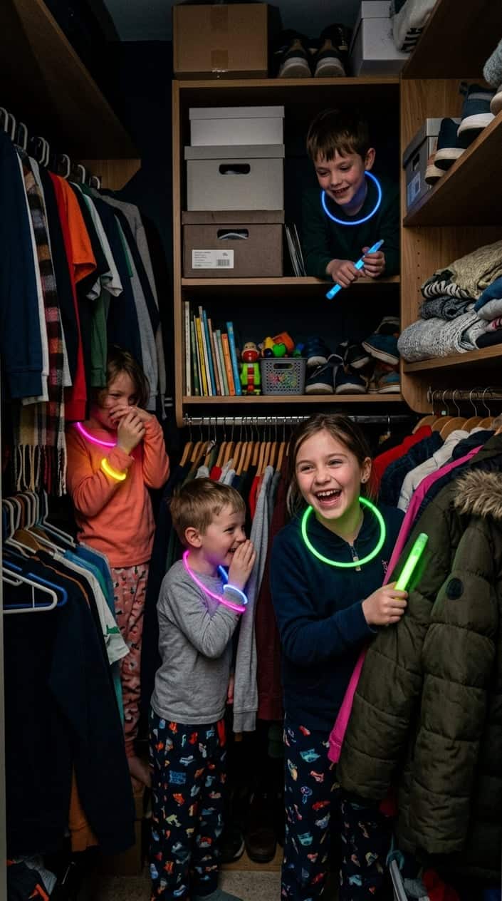 Children playing hide-and-seek with glow sticks inside a dark closet, their faces glowing with colorful light.