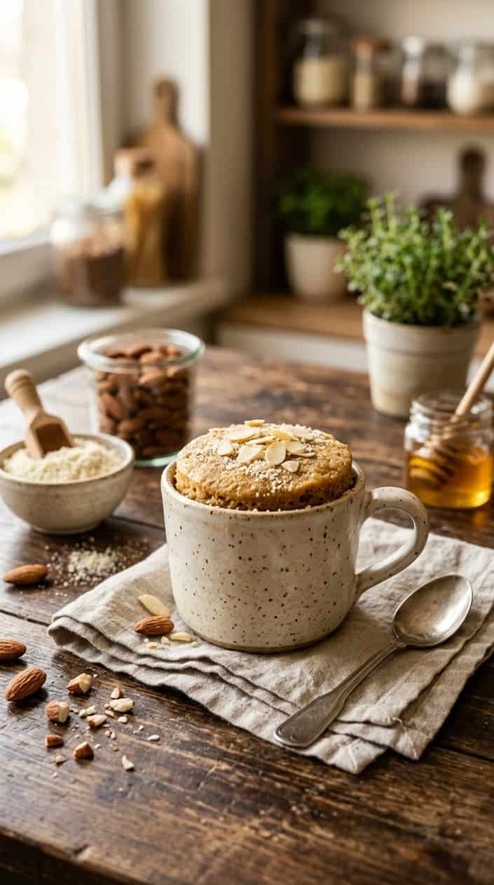 A golden-tan mug cake made with almond flour sitting in a plain ceramic mug on a wood table, with a small pile of sliced almonds and a wooden scoop of fine almond flour resting beside it.