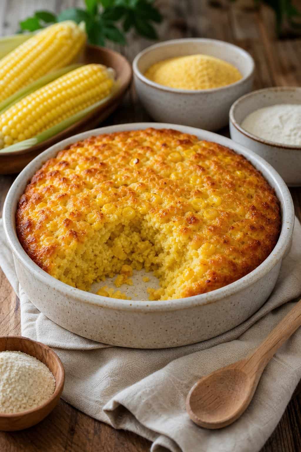 A freshly baked gluten-free corn casserole with a pale golden top in a ceramic dish on a wooden table, surrounded by a bag of fine cornmeal, a can of corn, and a small container of baking powder.