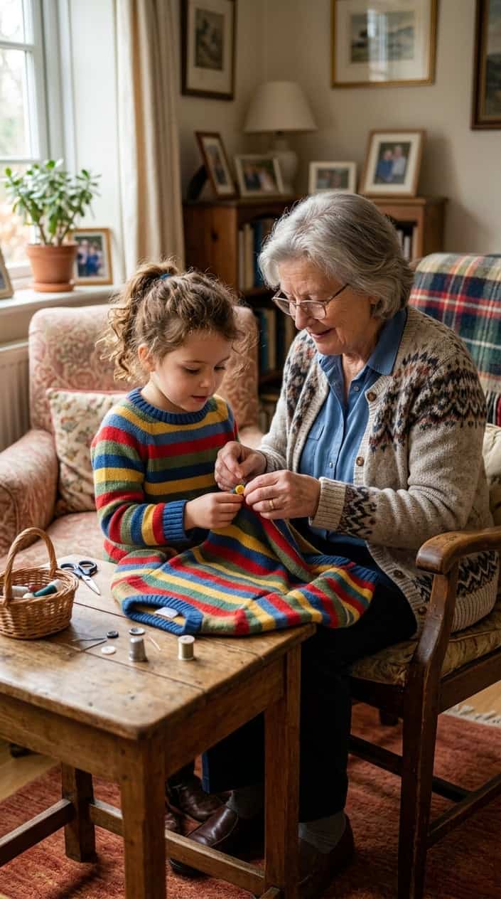 An elderly grandmother gently sewing a button onto a child's sweater in a cozy living room.