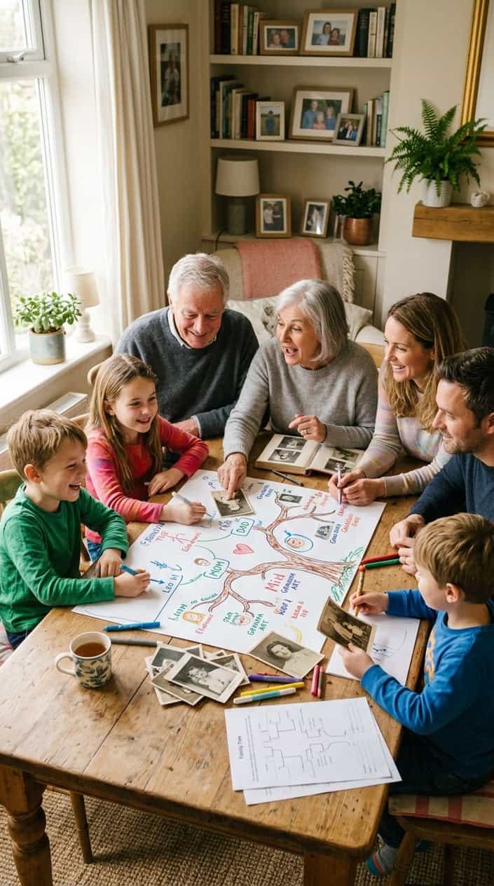 A family with grandparents and children gathered around a table looking at photos and working on a family tree project together.