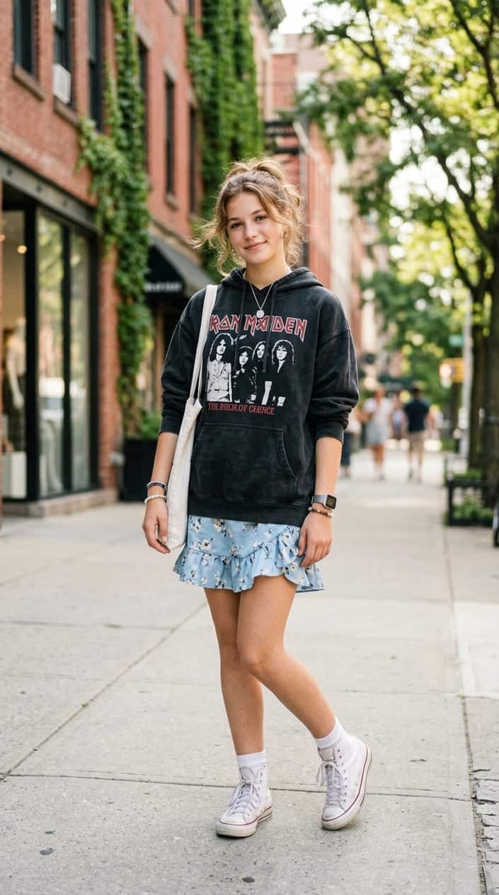Teenage girl wearing a graphic hoodie layered over a slip dress, standing outdoors in a city setting on a sunny day.