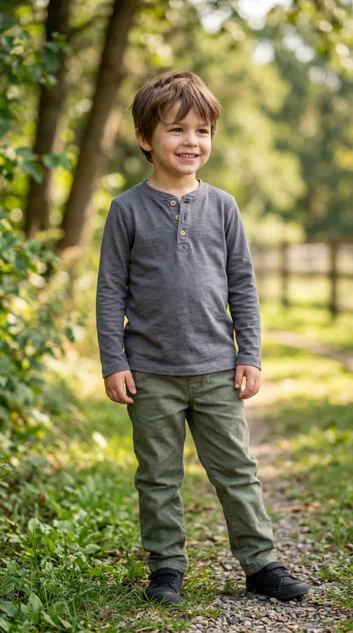 A young boy wearing a gray Henley shirt stands outdoors with a happy expression and a blurred natural background.