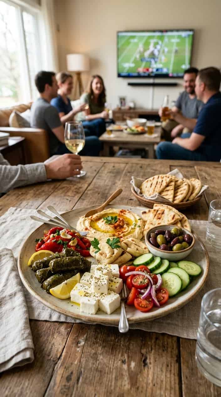 16 Easy Game Day Recipes for a Crowd 17 A Greek mezze platter with hummus, pita bread, olives, cucumbers, tomatoes, feta cheese, dolmas, and roasted red peppers on a wooden table.