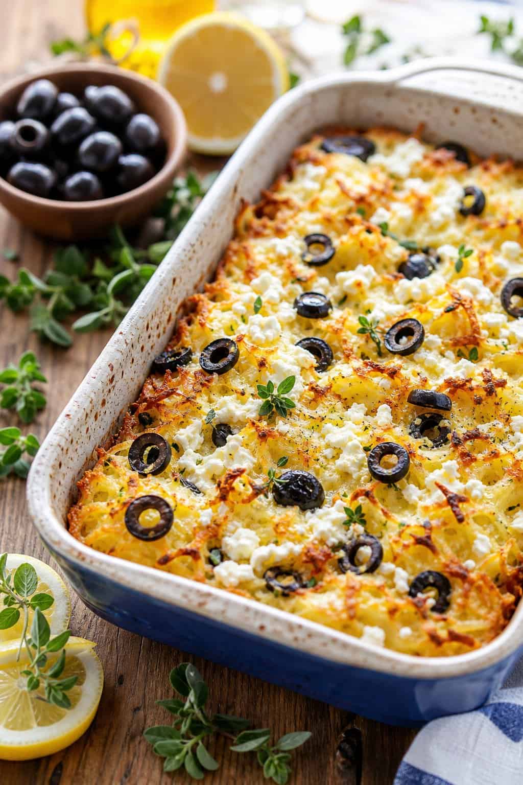 A baked hashbrown casserole with visible crumbles of white feta and sliced black olives on top, in a ceramic dish on a wood table with a small dish of extra feta nearby.