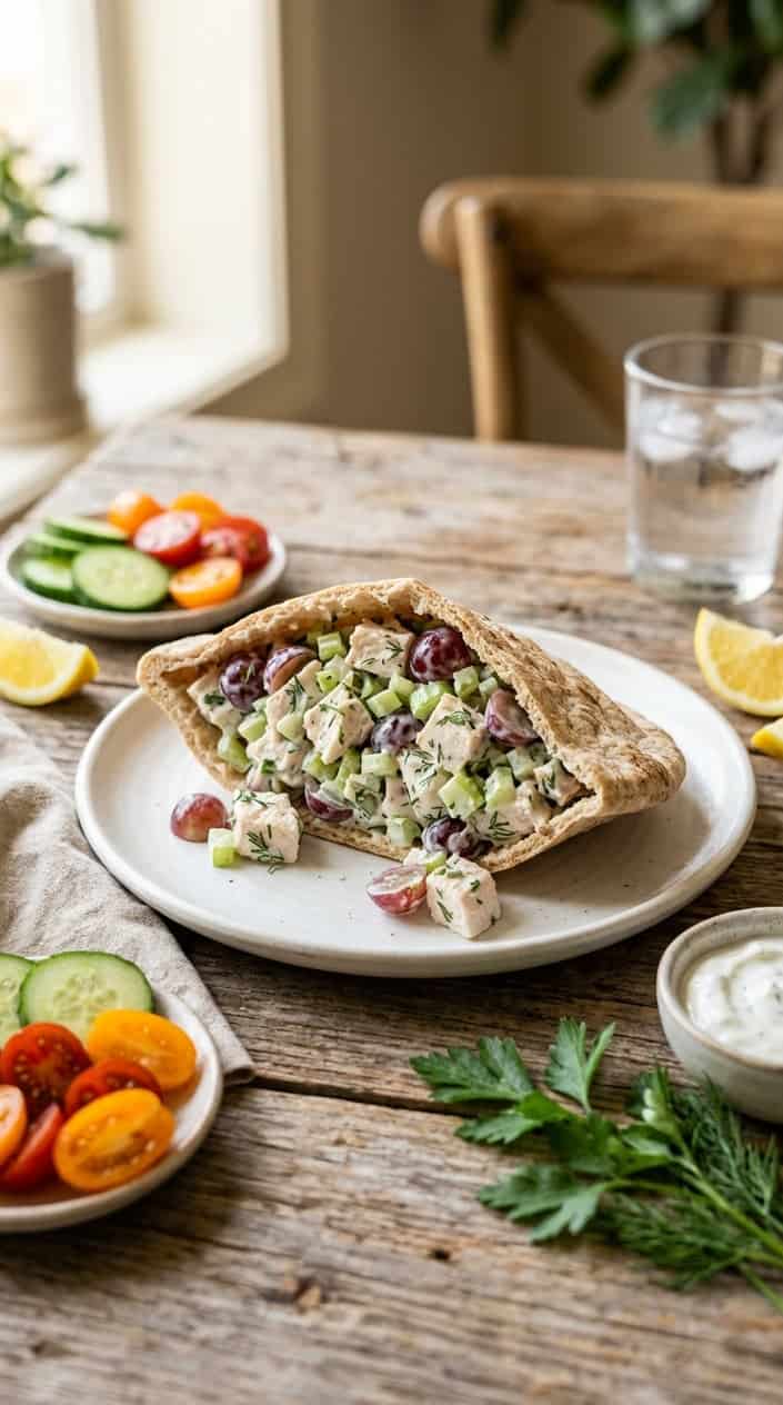 A halved pita pocket stuffed with a creamy chicken salad made with Greek yogurt, visible pieces of celery, red grapes, and walnuts, plated with cucumber slices and cherry tomatoes around it.
