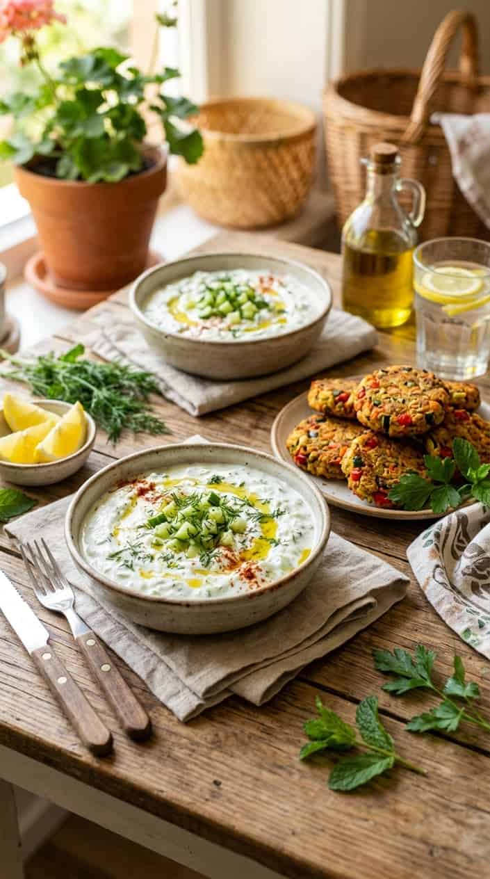 17 Summer Dinner Ideas When You're Tired of Grilling and Also Tired of Thinking 10 Two white ceramic bowls each holding a thick layer of pale tzatziki, three golden-brown baked falafel balls, halved cherry tomatoes, dark olives, and a bright green herb garnish, with lemon wedges on the side.