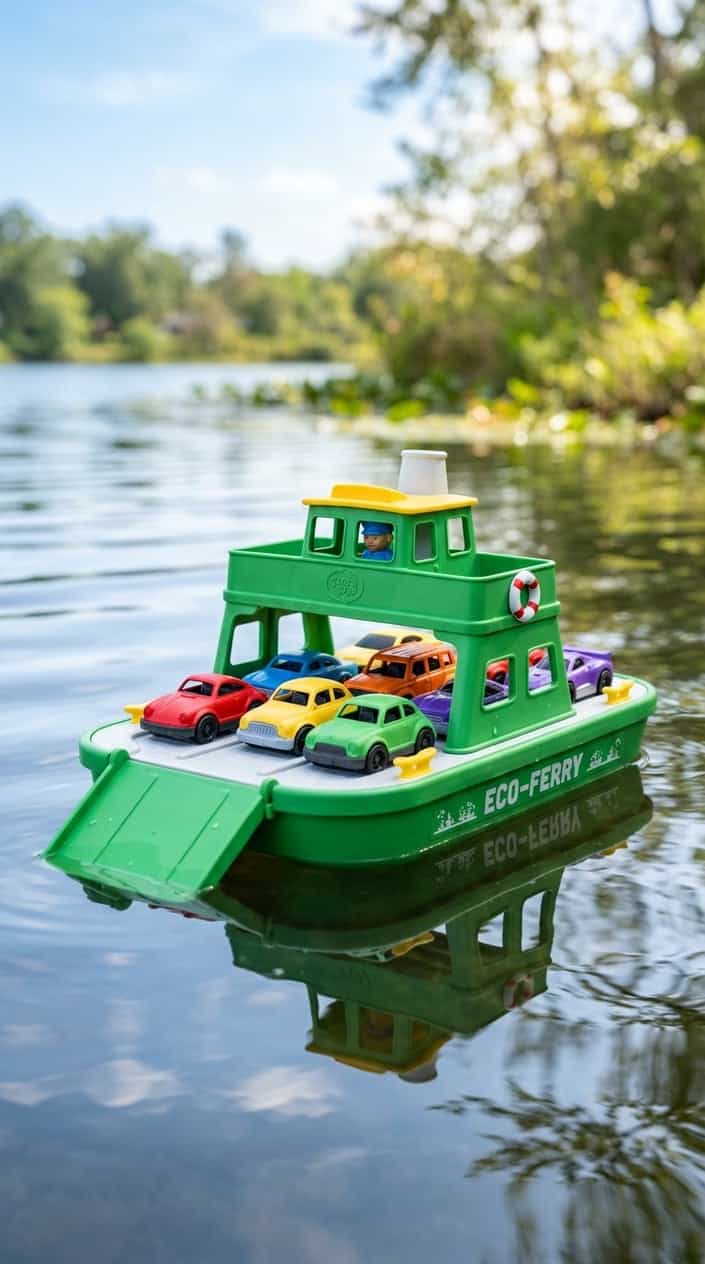 A green toy ferry boat with several small colorful mini cars on its deck floating on a reflective surface.