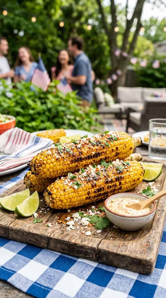 BBQ Side Dishes for a Memorial Day Cookout 3 Grilled corn on the cob with chili-lime butter and cotija cheese on a wooden platter, with lime wedges and a bowl of butter nearby.